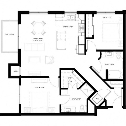 Floor plan for 2 beds, 2 baths, 1115 sqft